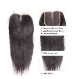 GrandeBeaute BeautifulPeruvian Straight Hair Lace Closure 4X4 Middle Part Closure Natural Black Color Non-remy Hair 100% Human Hair