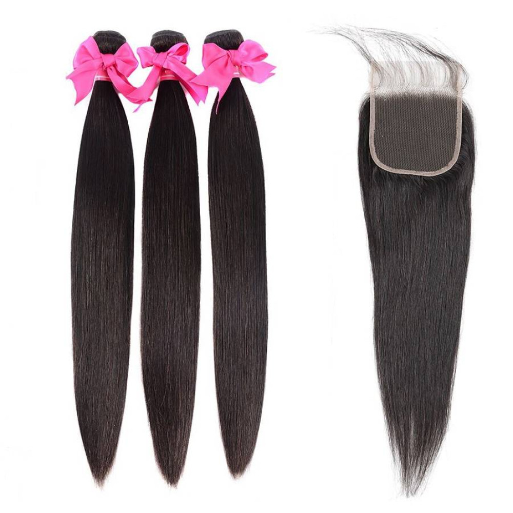 GrandeBeaute Peruvian Straight Hair 3 Bundles With Lace Closure Double Weft Remy Human Hair Bundles With Lace Closure