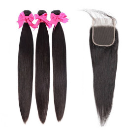 GrandeBeaute Peruvian Straight Hair 3 Bundles With Lace Closure Double Weft Remy Human Hair Bundles With Lace Closure