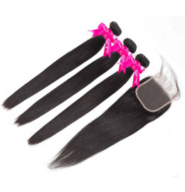 GrandeBeaute Peruvian Straight Hair 3 Bundles With Lace Closure Double Weft Remy Human Hair Bundles With Lace Closure