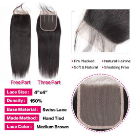 GrandeBeaute Peruvian Straight Hair 3 Bundles With Lace Closure Double Weft Remy Human Hair Bundles With Lace Closure