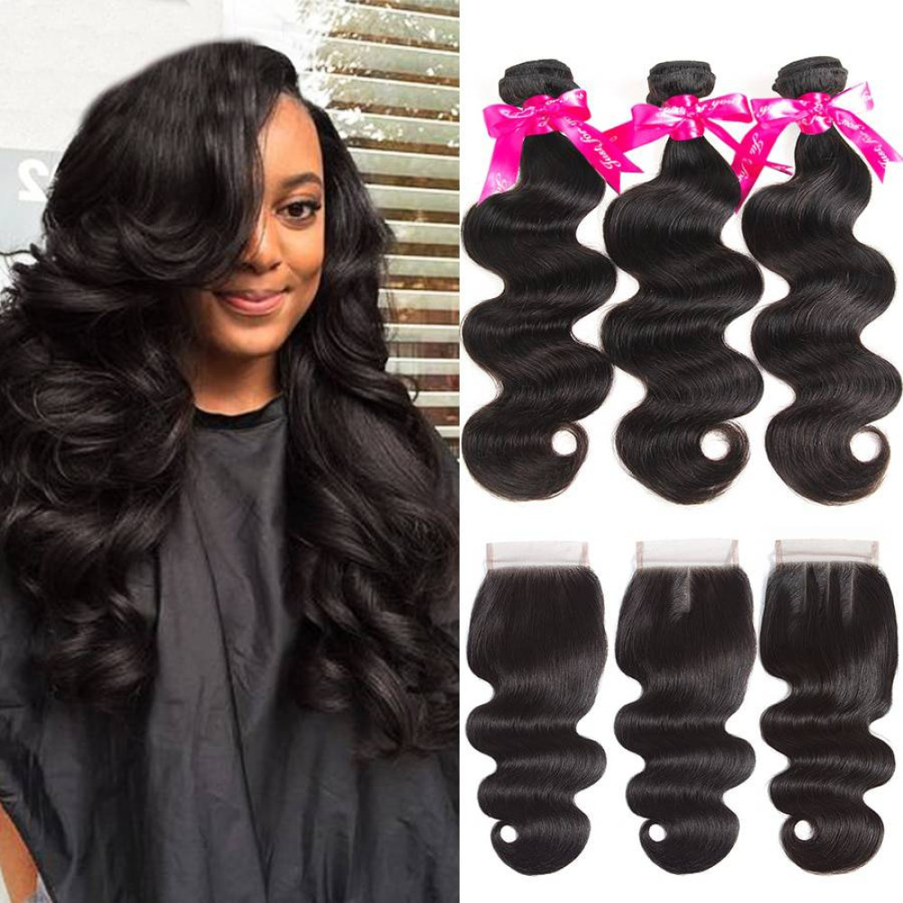 GrandeBeaute Body Wave Human Hair Bundles With Closure 4x4 Lace Closure Remy Brazilian Hair Weave 3 Bundles With Closure