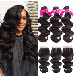 GrandeBeaute Body Wave Human Hair Bundles With Closure 4x4 Lace Closure Remy Brazilian Hair Weave 3 Bundles With Closure
