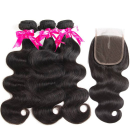 GrandeBeaute Body Wave Human Hair Bundles With Closure 4x4 Lace Closure Remy Brazilian Hair Weave 3 Bundles With Closure