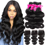 GrandeBeaute Beautiful Human Hair Bundles With Closure Free Part Body Wave Brazilian Hair Weave 4 Bundles With Lace Closure Remy