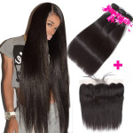 GrandeBeaute Beautiful Peruvian Straight Hair 13x4 Lace Frontal Closure With Bundles Remy Human hair 3 Bundles With Frontal Closure