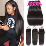 GrandeBeaute Beautiful Peruvian Straight Hair 4 Bundles With Closure Double Weft Human Hair Bundles With Closure Non Remy
