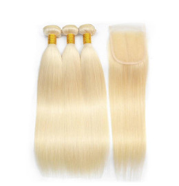 GrandeBeaute Hair613 Blonde Bundles With Closure Brazilian Straight Hair 3 bundles With Lace Closure Human Hair Bundles With Closure