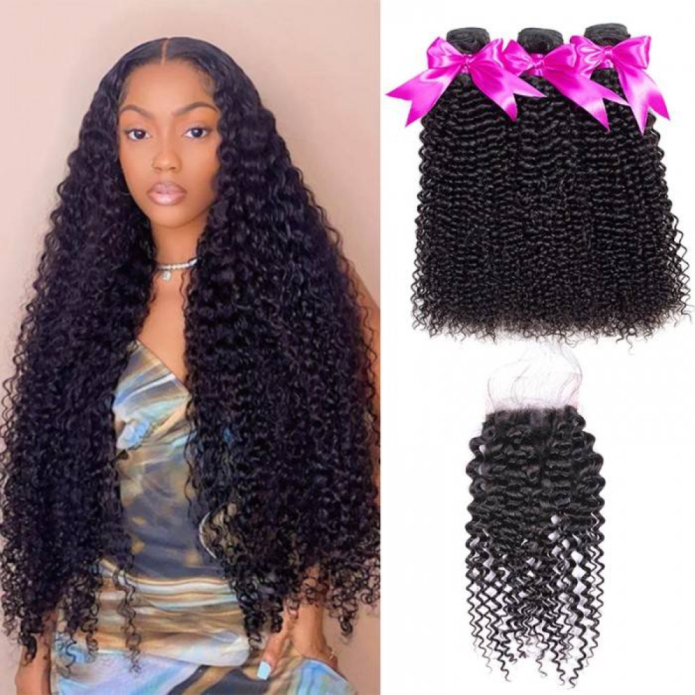 GrandeBeaute Hair Water Wave 3 Bundles With Closure Remy Human Hair Bundles With Closure Brazilian Hair Weave Bundles With Closure