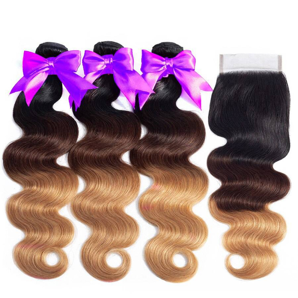 GrandeBeaute Beautiful Hair Ombre Bundles With Closure T1B/4/27 Brazilian Body Wave 3 Bundles With Lace Closure Non Remy Human Hair
