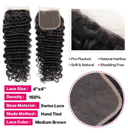 GrandeBeaute Beautiful Hair Brazilian Deep Wave Bundles With Closure Double Weft Remy Human Hair Weave 3 Bundles With Lace Closure