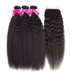 GrandeBeaute Beautiful Hair Kinky Straight Peruvian Hair Bundles With Lace Closure Human Hair 3 Bundles With Closure
