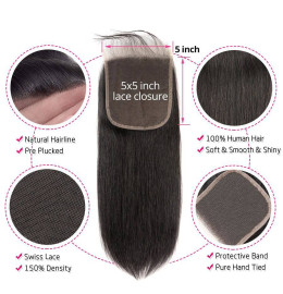 GrandeBeaute Beautiful Hair 5X5 Lace Closure Peruvian Straight Human Hair Closure With Baby Hair Free Part Remy Natural Color