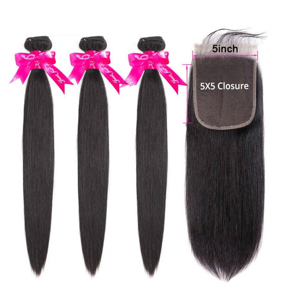 GrandeBeaute BeautifulHair Straight Human Hair 3 Bundles With 5x5 Closure Brazilian Hair Weave Bundles Natural Color Remy Hair