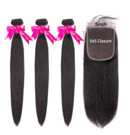 GrandeBeaute BeautifulHair Straight Human Hair 3 Bundles With 5x5 Closure Brazilian Hair Weave Bundles Natural Color Remy Hair