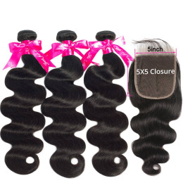 GrandeBeaute Hair Body Wave Bundles With Lace Closure 5x5 Closure With Bundles Remy Brazilian Human Hair 3 Bundles With Closure