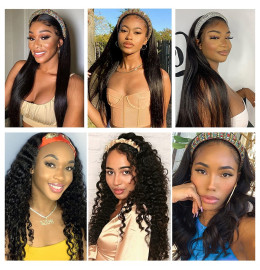 GrandeBeaute HeadBand Wig Human Hair Brazilian Straight Easy Perfect Fit Human Hair Scarf Wigs No plucking No Glue Human Hair Wigs