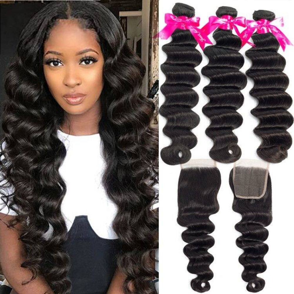 GrandeBeaute Loose Deep Wave Bundles With Closure Remy Human Hair Bundles With Closure Peruvian Hair Weave 3 Bundles With Closure