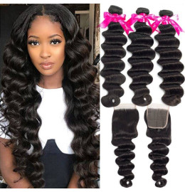 GrandeBeaute Loose Deep Wave Bundles With Closure Remy Human Hair Bundles With Closure Peruvian Hair Weave 3 Bundles With Closure
