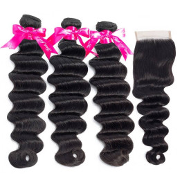 GrandeBeaute Loose Deep Wave Bundles With Closure Remy Human Hair Bundles With Closure Peruvian Hair Weave 3 Bundles With Closure