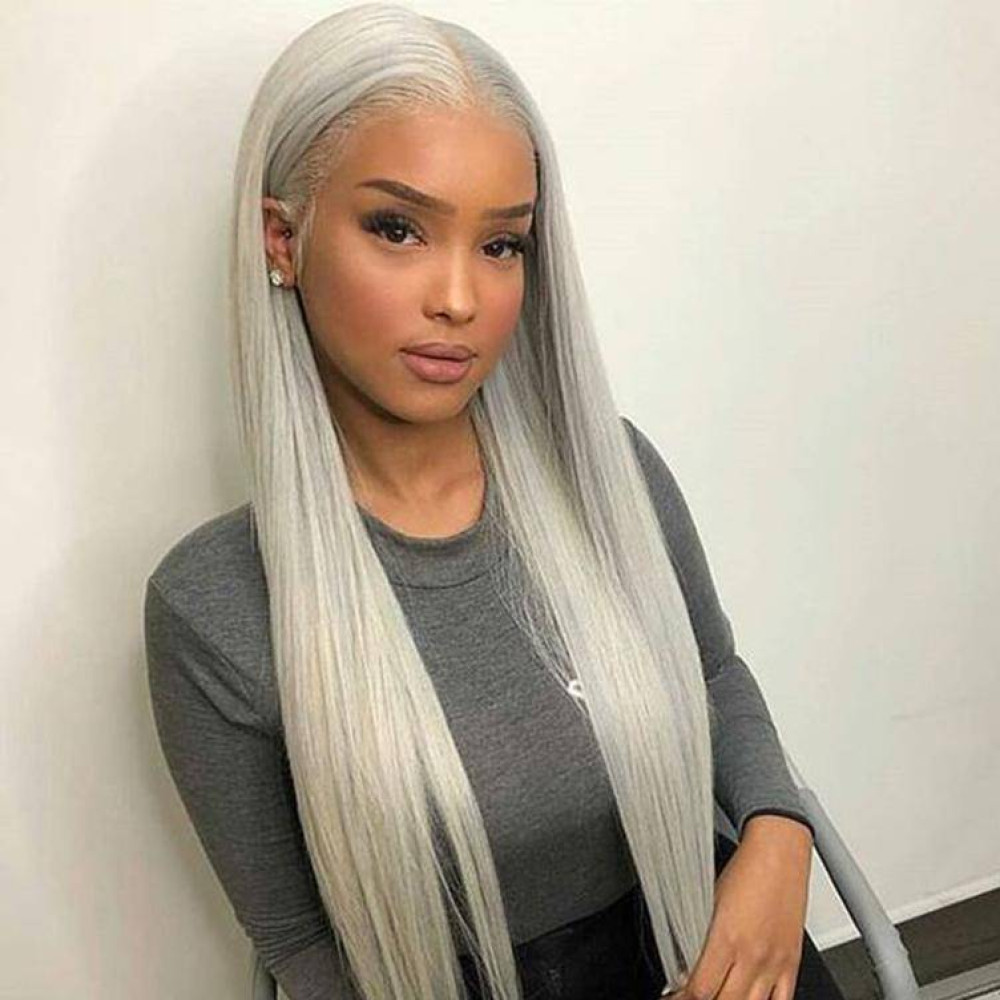 GrandeBeaute Hair 13x4 Straight Lace Front Wig Grey Colored Human Hair Wigs For Women Brazilian HD Transparent Lace Frontal Wig